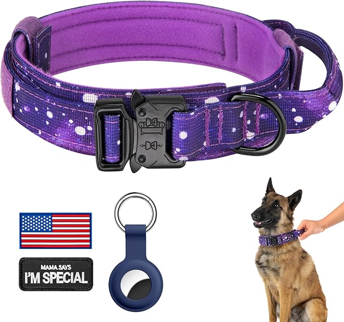 DAGANXI Tactical Dog Collar, Adjustable Military Training Nylon Dog Collar with Control Handle and Heavy Metal Buckle for Medium and Large Dogs, with Patches and Airtags Case (L, Purple Sky)
