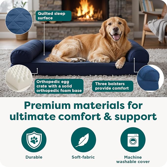 Furhaven Orthopedic Dog Bed for Large/Medium Dogs w/ Removable Bolsters & Washable Cover, For Dogs Up to 55 lbs - (Quilted) Silver Gray, Large