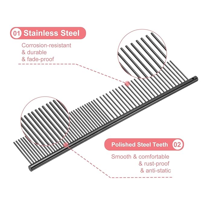 PETAXCELL Dog Cat Comb, Pet Combs Stainless Steel Teeth with Rounded Ends for Knots Mats Loose Hair Removal, 7.5IN (Black Plated, 3 Pack), Grooming Tool Intended for Long Curly Hair Pet