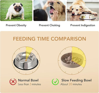 Ceramic Raised Slow Feeder Dog Bowl Set, Elevated 7.3inch Bowl and 8.2inch Slow Pet Food Dish with Wooden Stand for Medium and Large Dog (2 x Brown Coffee+ Stand)