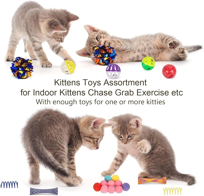 Retro Shaw 33Pcs Cat Toys with Tunnels, Interactive Kitten Toys for Indoor Cats Kitty, Collapsible Cat Tube Tent Feather Wand Teaser Bell Fuzzy Ball Crinkly Springs Mouse - Large Cat Tunnel Toys Set