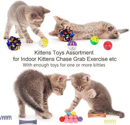 Retro Shaw 33Pcs Cat Toys with Tunnels, Interactive Kitten Toys for Indoor Cats Kitty, Collapsible Cat Tube Tent Feather Wand Teaser Bell Fuzzy Ball Crinkly Springs Mouse - Large Cat Tunnel Toys Set