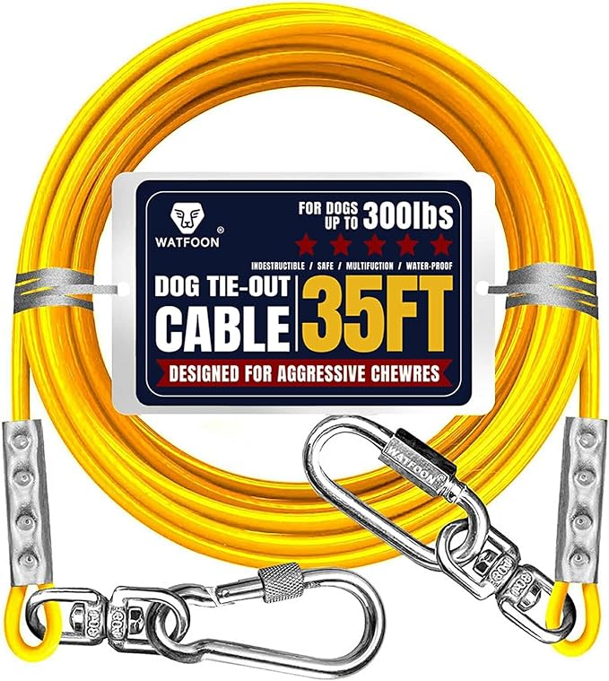 Tie Out Cable for Large Dogs, Dog Runner for Yard, Heavy Duty Swivel Hooks Lead Holds Break Strength of 1000lbs, Steel Wire Chain Dog Leash Cable for Yard (Yellow 35FT)