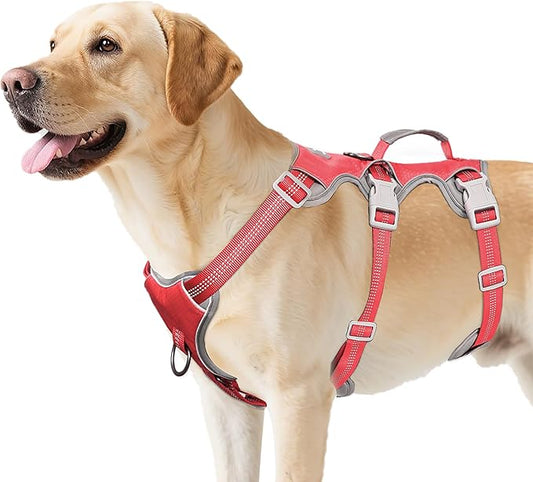 Huntboo Escape Proof Dog Harness, Escape Artist Harness, Reflective Harness with Padded Handle, Breathable, Durable, Adjustable Vest for Medium Dogs Walking, Training, and Running Gear (Red, L)