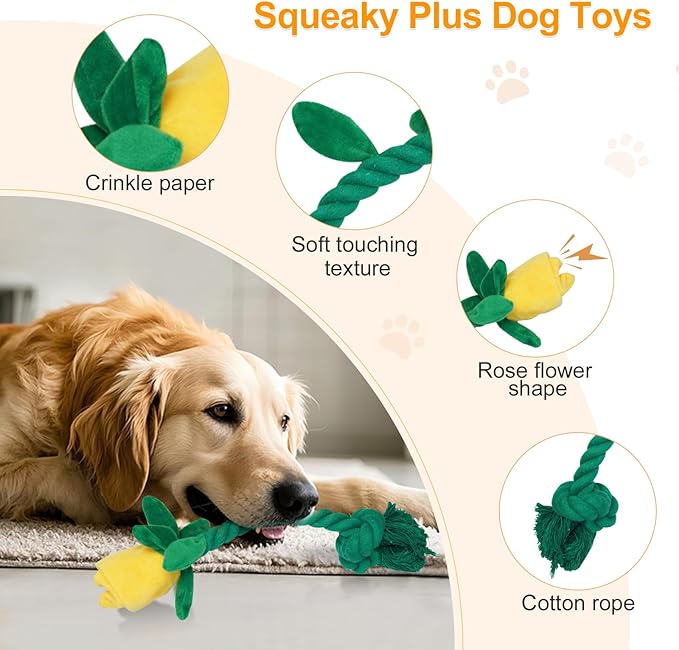 Rose Flower Plush Squeaky Dog Toys with Crink Paper for Small Medium Large Dogs