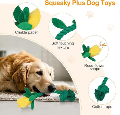 Rose Flower Plush Squeaky Dog Toys with Crink Paper for Small Medium Large Dogs