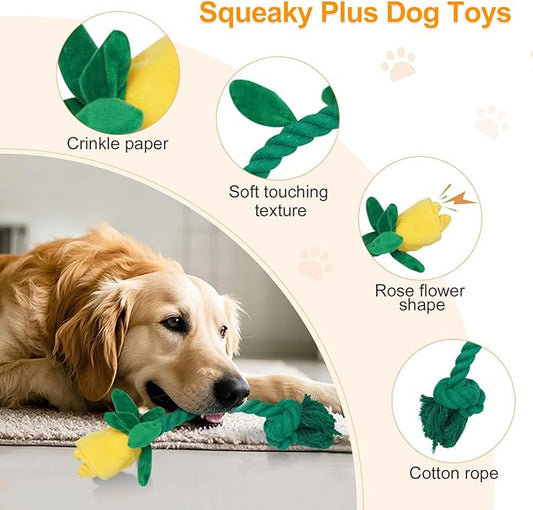 Rose Flower Plush Squeaky Dog Toys with Crink Paper for Small Medium Large Dogs