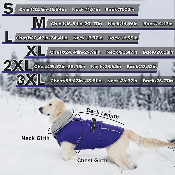 Lelepet Warm Dog Winter Coat Waterproof Dog Jacket with Adjustable Buckle & Leash Hole Reflective Pet Fleece Snowsuit Turtleneck Windproof Cold Weather Coats, Blue, M