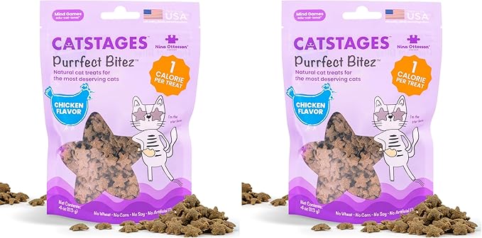 Catstages by Nina Ottosson Purrfect Bitez Natural Crunchy Cat Treats for Puzzles, Toys, Feeders, & Training, USA-Made, Real Chicken Flavor, 4oz (Pack of 2)