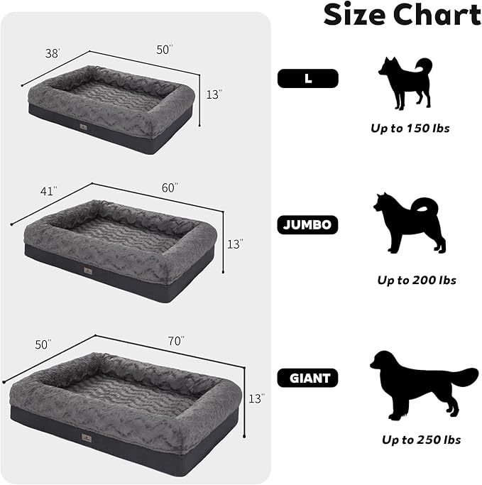 PetFun Memory Foam XL Dog Bed for XLarge Sized, Extra Large Orthopedic Dog Sofa with Sides and Waterproof Liner, Washable Bolster Pet Bed Couch with Removable Cover, 60x43x13 Inch, Dark Grey