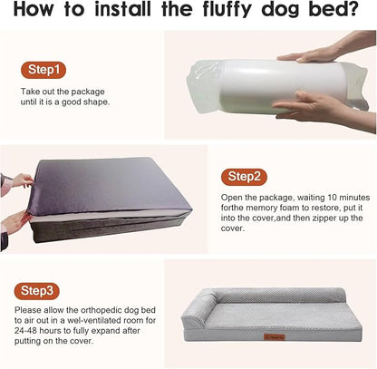 Rainmr Orthopedic Dog Beds for Large Dogs, Memory Foam Dog Beds Large Sized Dogs, Washable Removable Cover, Nonskid Bottom, Waterproof, for Indoor, Outdoor, Crate ＆ Car Use, 41x27x6 Inches, Light Grey