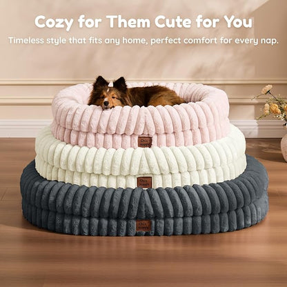 Dog Bed Large Sized Dog - Luxury Striped Faux Fur Waterproof Pet Couch with Removable Washable Cover, Orthopedic Pet Bed with Bolster Sides for Sleeping, Cream