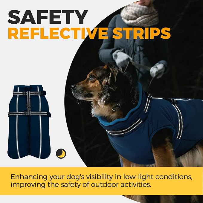 Lelepet Waterproof Dog Jacket with Harness Built in Warm Dog Winter Coat, Reflective Windproof Fleece Jacket, Dogs Coats for Lage Dogs, Thermal Pet Snowsuit for Cold Weather, French Bulldogs, Blue, L