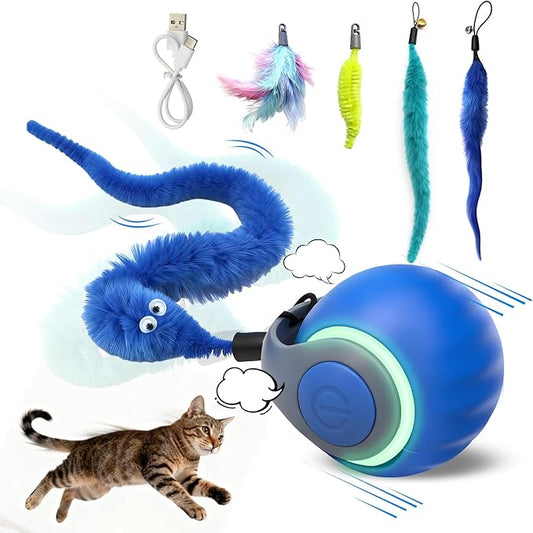 CONAMEI 1PCS Interactive Cat Toys Ball,Newly Upgraded Speedy Tail Cat Toy with USB Charging,Automatic Smart Interactive Cat Toys for Indoor Cats with 4 Tails-Blue