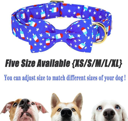 4th of July Dog Collar with Bow Tie, Summer Popsicle Flag Day Dog Bowtie Collars, Blue Adjustable Patriotic Pet Collar for Small Medium Large Dogs XL
