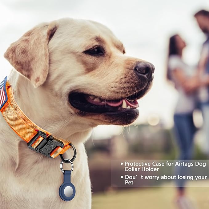 DAGANXI Tactical Dog Collar, Adjustable Military Training Nylon Dog Collar with Control Handle and Heavy Metal Buckle for Medium and Large Dogs, with Patches and Airtags Case (Orange, M)