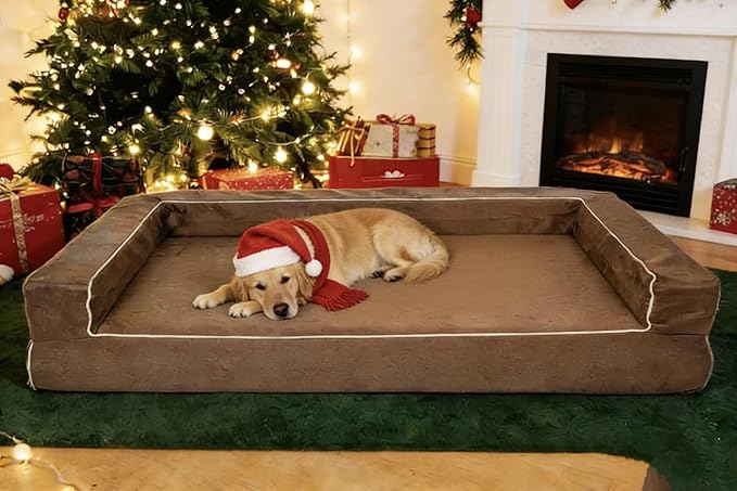 Mama halo Orthopedic Dog Bed with Memory Foam, Waterproof Liner, 3-Sided Bolster Design, Mocca Mousse, Medium, Machine Washable Cover, 34 x 22 Inches