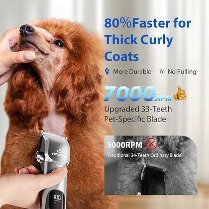 FuzzyFix Dog Grooming Kit, Dog Clippers for Grooming for Thick Curly Coats, Professional Pet Hair Shaver Paw Trimmer Cordless Rechargeable Low Noise for Dogs Cats Animals Face Ear