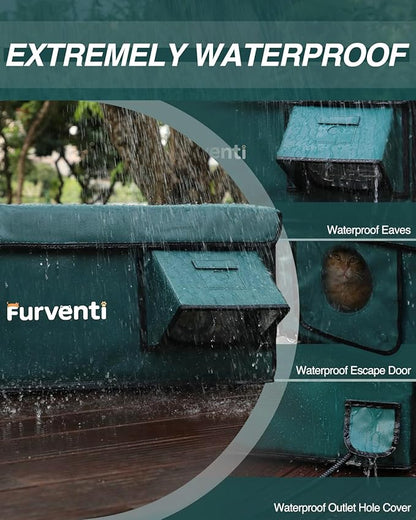 Outdoor Heated Cat House in Winter,Extremely Insulated & Weatherproof,Feral Cat Shelter with Waterproof Eaves & Escape Door for Outside Stray Barn Cat(Dark Green,25.85"x16.3"x13.4")