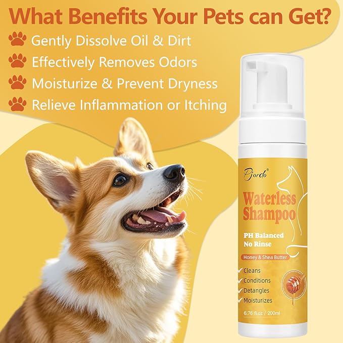 Pjordo Waterless Shampoo for Cat & Dog with Honey & Shea Butter, No Rinse Dry Pet Shampoo Waterless for All Fur, Cleaning & Removes Odors, Conditioning & Anti-Tangle, Moisturizing Skin