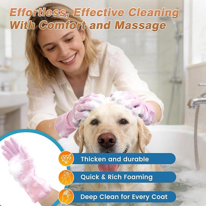 7-Piece Pet Grooming Kit with Storage Bag | Portable Bathing Set for Dogs & Cats | Includes Silicone Gloves, Deshedding Brushes & Finger Toothbrushes | All-in-One Pet Care (Pink)