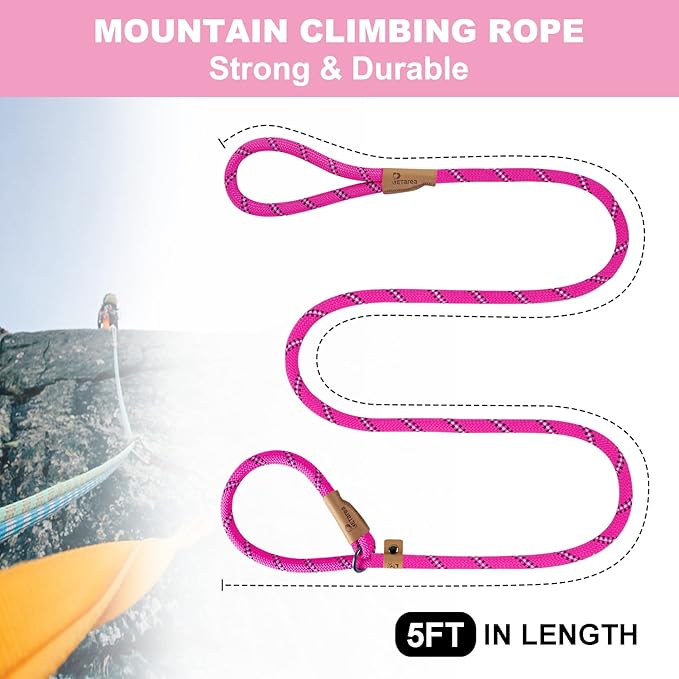 5 FT Slip Lead Dog Leash, Heavy Duty Rope Leash for Small Medium Large Dogs, No Pull Training Lead with Reflective Thread, Strong Comfortable Loop Leash (Pink Stripe, Large(1/2"))