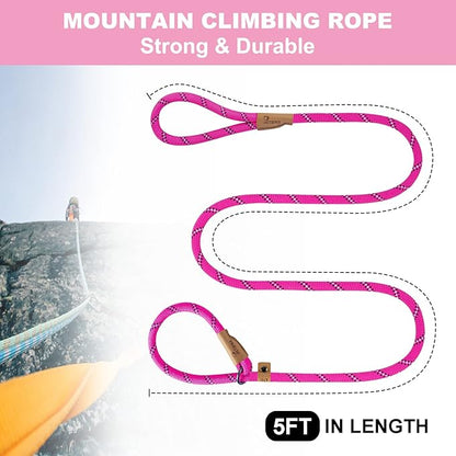 5 FT Slip Lead Dog Leash, Heavy Duty Rope Leash for Small Medium Large Dogs, No Pull Training Lead with Reflective Thread, Strong Comfortable Loop Leash (Pink Stripe, Large(1/2"))