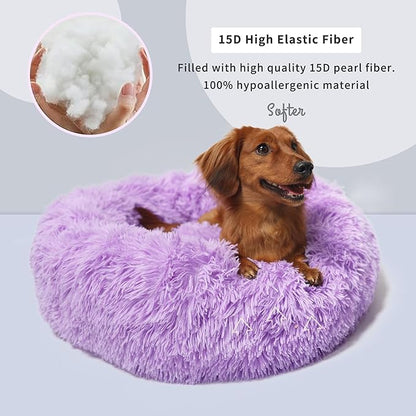 Calming Dog Bed for Medium Dogs Washable Donut 30 inches Anti-Slip Pet Bed,Round Fluffy Plush Faux Fur Cat Bed,Fits up to 45 lbs Pets,Purple