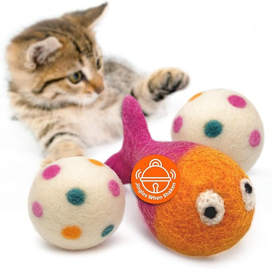 Hustle & Blush Love Ewe Felted Cat Toys 3 Pack - 3 Inch Fish w/Bell & 2 Inch Ball Hand Made Cute & Fun Design Kitten Wool Felt Balls for Indoor Play & Exercise -100% New Zealand Handmade Felted Balls