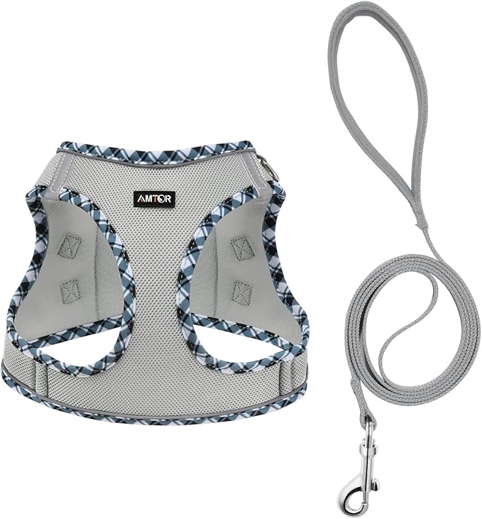 AMTOR Small Dog Harness with Leash Set, No Escape Easy Walk Puppy Harnesses for Training Walking, Step-in Reflective Soft Dogs Vest for XS S Medium Extra-Small Large Sized Dog(XL,Grey)