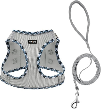 AMTOR Small Dog Harness with Leash Set, No Escape Easy Walk Puppy Harnesses for Training Walking, Step-in Reflective Soft Dogs Vest for XS S Medium Extra-Small Large Sized Dog(L,Grey)