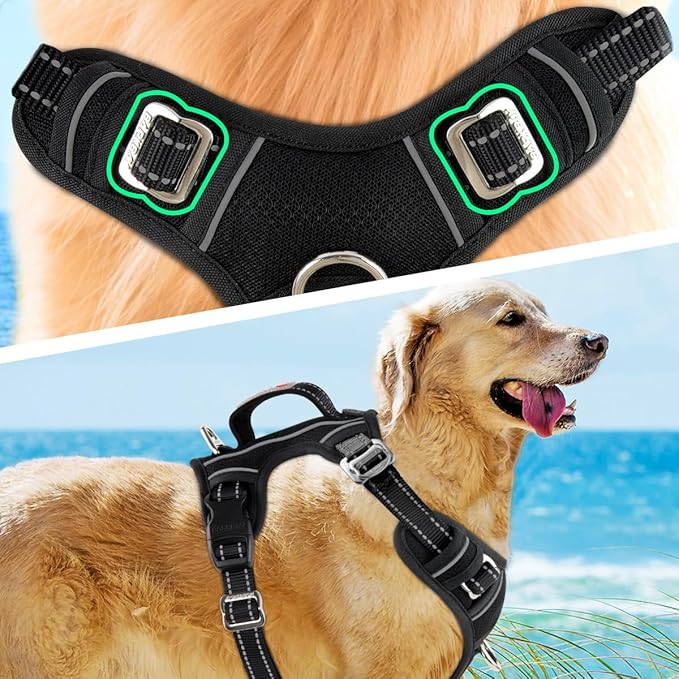 BARKBAY No Pull Dog Harness 3 Buckles Large Reflective Dog Harness with Front Clip and Easy Control Handle for Walking Training Running with ID tag Pocket(Black,L)