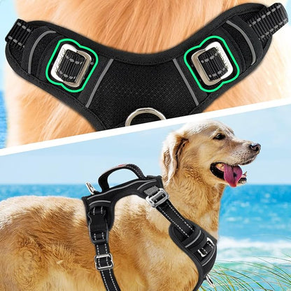 BARKBAY No Pull Dog Harness 3 Buckles Large Reflective Dog Harness with Front Clip and Easy Control Handle for Walking Training Running with ID tag Pocket(Black,L)