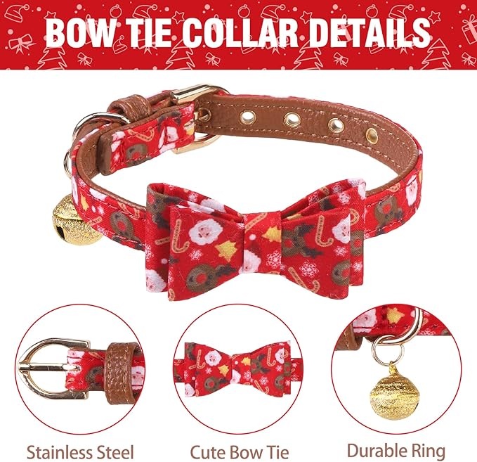 KOOLTAIL Christmas Small Dog Collar and Leash Set with Bowtie and Bells-Puppy Collar Leash for Female with Matching Pattern, Soft Leather Tangle Free Leashes for Small Dogs Boys Girls Red