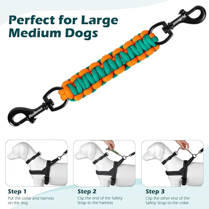 PetBonus Dog Collar Safety Clip, Handmade Backup Safety Strap for Dog Harness, Prong, Pinch Collar, Double Ended Clasp Leash Connector (Turquoise, Orange)