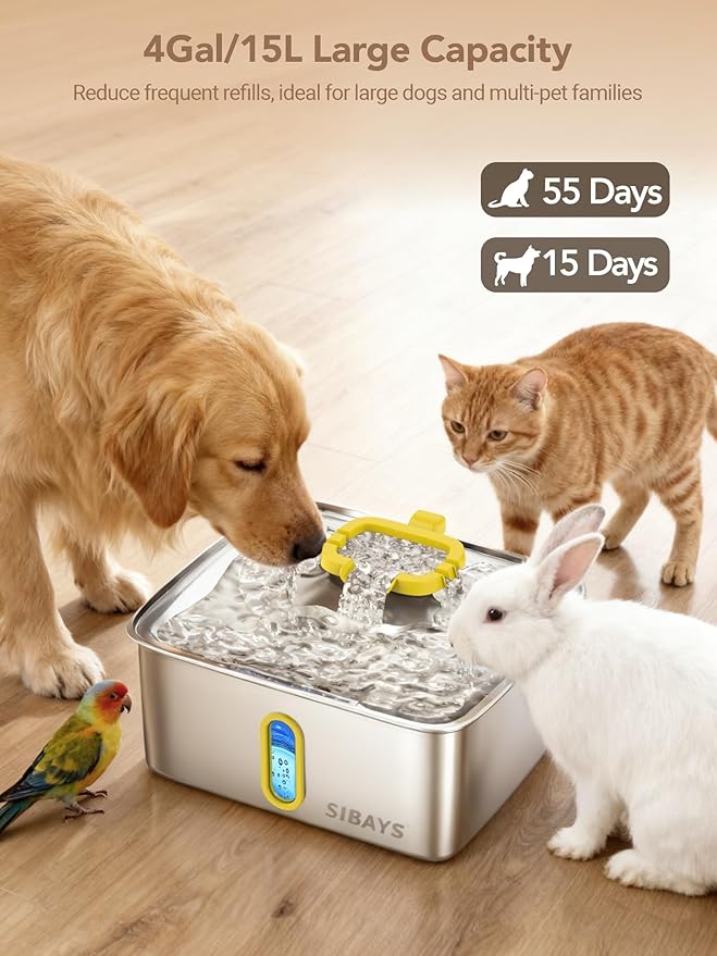 SIBAYS 4Gal/15L Stainless Steel Large Dog Water Fountain, Ultra Quiet Automatic Pet Water Fountain, Dog Water Bowl Dispenser with Water Level Window and LED Light, Easy to Clean(FS78, Silver-Yellow)