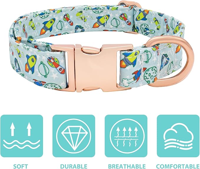 Dog Collar and Leash Set Adjustable Girls Puppy Floral Collars with Bow Tie for Small Medium Large Dogs(L, Rocket)