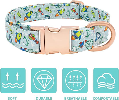Dog Collar and Leash Set Adjustable Girls Puppy Floral Collars with Bow Tie for Small Medium Large Dogs(L, Rocket)