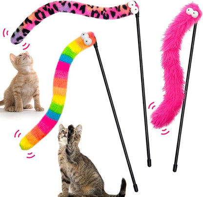 Lepawit 3 Pack Cat Wand Toy, Rainbow Cat Feather Toys with Bells, Teaser Wand with Soft Furry Tail, Interactive Toys for Indoor Cats & Kitten & Kitty
