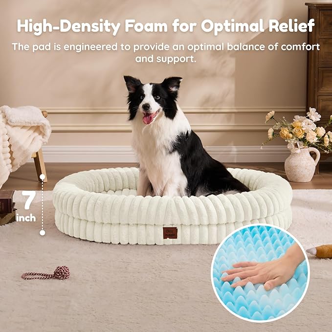 ChiXnuggle XL Dog Bed - Luxury Striped Faux Fur Waterproof Pet Couch with Removable Washable Cover, Orthopedic Dog Bed with Bolster Sides for Sleeping, Cream