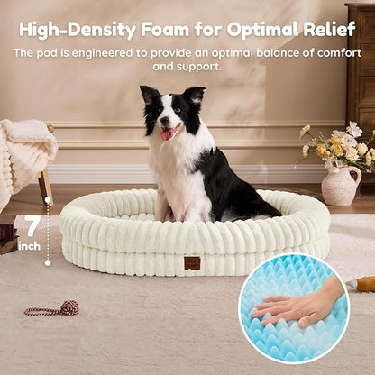 ChiXnuggle XL Dog Bed - Luxury Striped Faux Fur Waterproof Pet Couch with Removable Washable Cover, Orthopedic Dog Bed with Bolster Sides for Sleeping, Cream