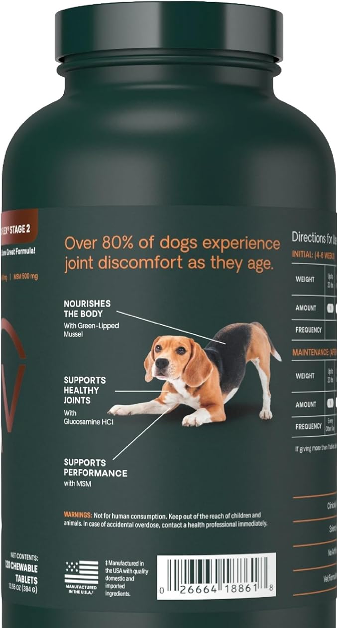 VetriScience Healthy Hip & Joint Chewable Tablets, GlycoFlex Glucosamine and Green-Lipped Mussel Joint Support Supplement for Dogs, Promote Mobility and Protect Joints, Chicken, 120 Count