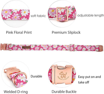 Elegant little tail Dog Collar, Pink Floral Pattern Pet Collar Durable Cute Dog Collars Summer Female Pet Gift Adjustable Dog Collar for Medium Dogs