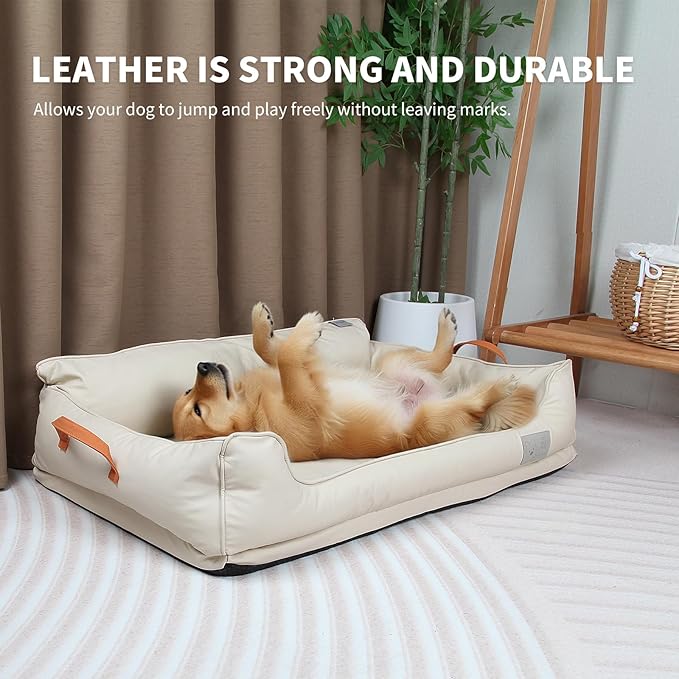 Removable Orthopedic Dog Beds for Large Dogs, Leather Memory Foam Dog Sofa Bed, Waterproof Durable Dogs Bed Couch with Non Skid Bottom for All Pet Sizes (Beige, Medium)
