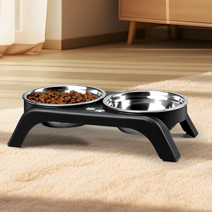 Elevated Dog Bowls for Small Dogs, 3” High Raised Dog Bowl Stand with Dual 5” Stainless Steel Bowls Non-Slip Pet Feeder for Puppy and Cats, Dishwasher Safe, Black