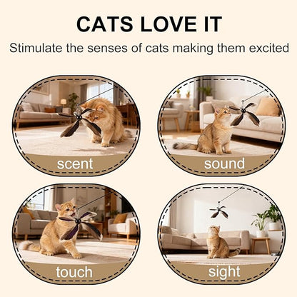 ottmat Cat Wand Toys Interactive for Indoor Cats, 4PC 4-Blade Feather Propeller Refills, 1PC Cat Wand 30'' Flexible Steel Wire Cat Teaser with Sturdy Wood Handle for Kittens & Adult Cats(Classic)