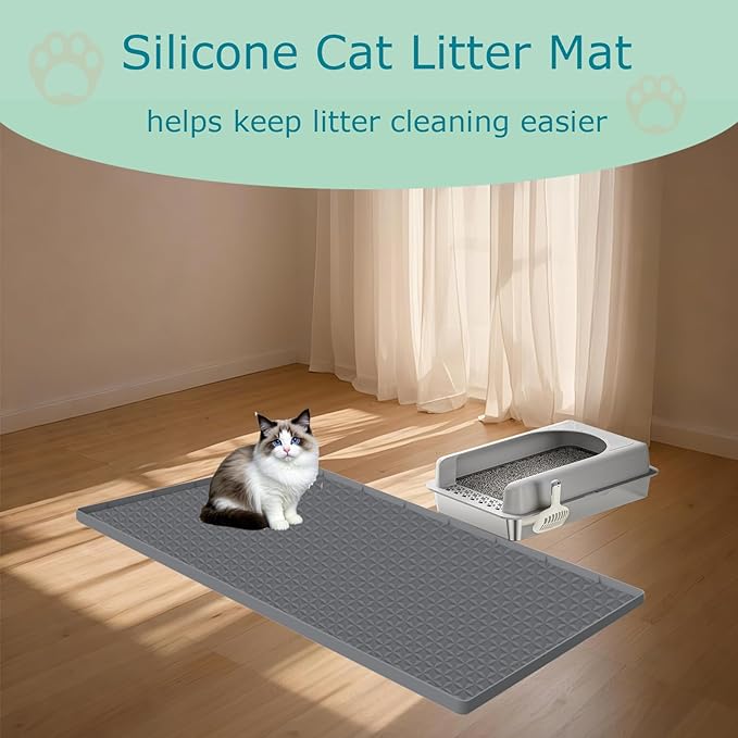 Jacooxi Cat Litter Mat for Litter Box, Silicone Large Cat Litter Trapping Mat - 51.2x25.6 in, Waterproof & Non-Slip, Durable & Easy Clean, Gray