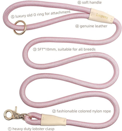Lobster Snap Pet Leash 5FT, Special Strong Nylon Rope Dog Leash, Solid Color Rope Dog Lead for All Breeds（Pink, 5ft*10mm）