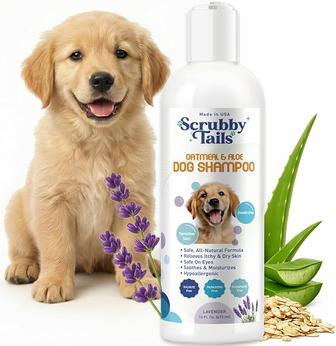 Scrubby Tails Organic Dog Shampoo - Puppy Oatmeal Shampoo for Itchy Skin Relief - Hypoallergenic for Sensitive Skin, for Dogs of All Ages, Deodorizes, Tearless, Made in USA, 16oz (Lavender)