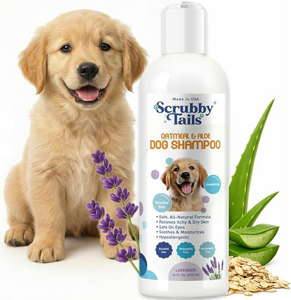 Scrubby Tails Organic Dog Shampoo - Puppy Oatmeal Shampoo for Itchy Skin Relief - Hypoallergenic for Sensitive Skin, for Dogs of All Ages, Deodorizes, Tearless, Made in USA, 16oz (Lavender)